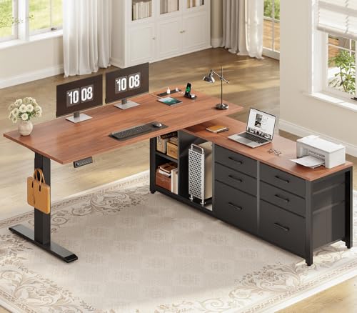 SEDETA L Shaped Electric Standing Desk, 55" x 55" Height Adjustable Office Executive Desk with 6 Fabric Drawers and Storage Shelves, Sit Stand Computer Desk with Power Outlet for Home Office (Brown)