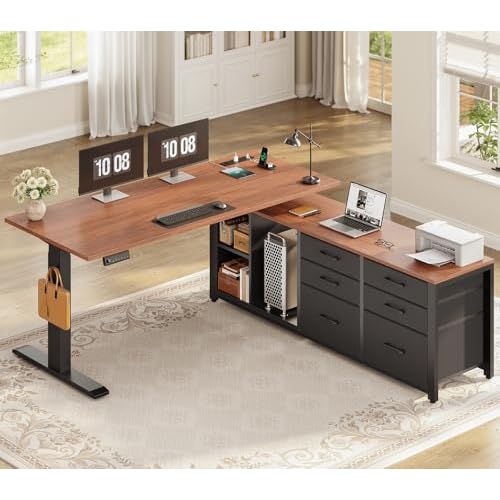 SEDETA L Shaped Electric Standing Desk with 6 Drawers, 55" x 55" Height Adjustable Office Executive Desk with Storage Shelves, Sit Stand Computer Desk