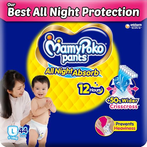 Mamypoko pants All Night Absorb| Pant Style Baby Diapers Large Size(L), 44 Count, Ideal for 9-14Kgs|+50% wider and repeated absorption for all night 12hr protection from leakage, prevents heaviness.