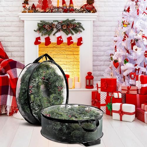 VIVIANYO HD 30inch Christmas Wreath Storage Container Clear Plastic Wreath Storage Bags with Reinforced Heavy Duty Handle and Double Zipper, Tear Resistant Material Garland Holiday Container(Black-A)