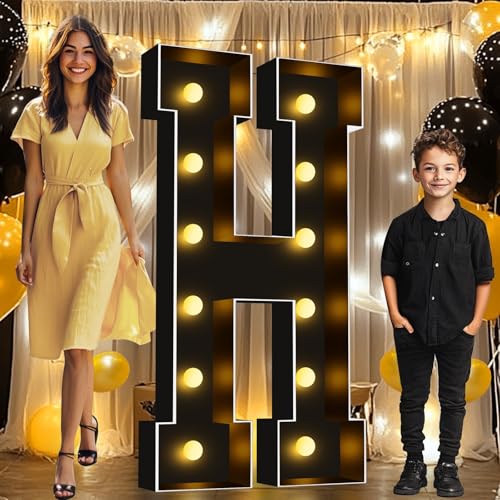 Image of Pooqla 4FT Marquee Light Up Letters, Black Large Letter H Party Decorations | LED Marquee Letters 4 Feet Tall, Black Giant Mosaic Letters Gift for Boys Men Birthday Anniversary Wedding Decoration