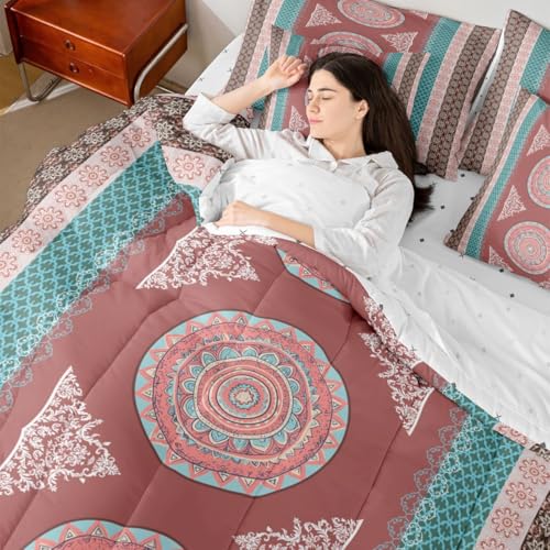Image of Boho Decor Bohemian Bed in a Bag Queen Comforter Set 7-Piece,Paisley Flower Mandala Bedding Sets Moroccan Medallion Aztec Comforter and Sheet Set Ethnic Tribal Exotic Striped European Red Brown Green