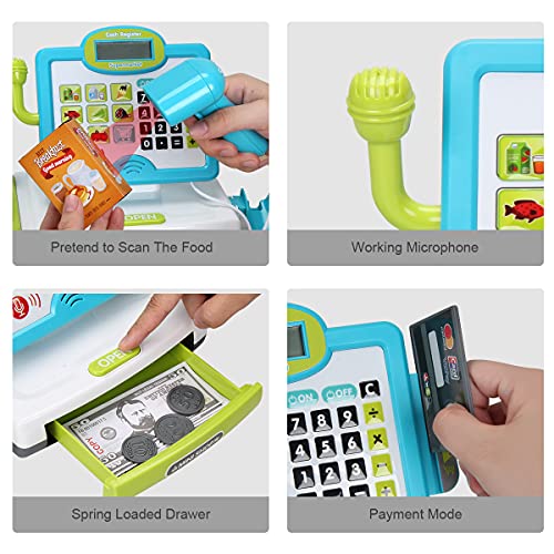 Image of FS Pretend Play Cash Register Toys with Scanner, Calculator, Large Drawer, Microphone, Play Food, Supermarket Cashier Register Toy, Pre-School Gift for Kids, Toddlers, Boys & Girls, Ages 3 4 5 6 7 8