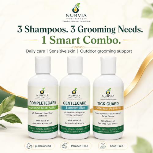 Image of Dog Shampoo Combo 3 Pack by Nurvia Petcare | Anti-Tick Flea + 5-in-1 Anti-Itch Dandruff + Puppy Shampoo | Neem Tea Tree Oatmeal Calendula | pH Balanced Sulphate-Free | 3 x 200ml India