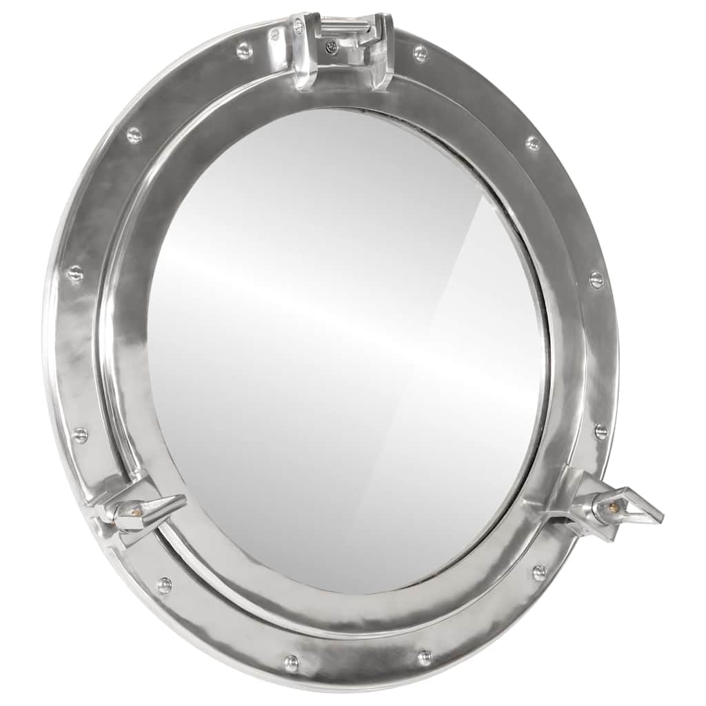 Lustro ścienne z aluminium i szkła Wołu Ø50 cm, dekoracja morska z polerowaną aluminiową ramą, płaskie i jasne lustro do biura, domu lub restauracji, element