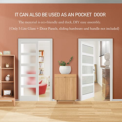 Image of 28 inch x 80 inch French Interior Door, 5 Lite Tempered Frosted Glass Panel for Pantry & Bedroom, Single Pre-drilled Holes Slab Door, White Primed, Assembly Required (Hinges Not Included)