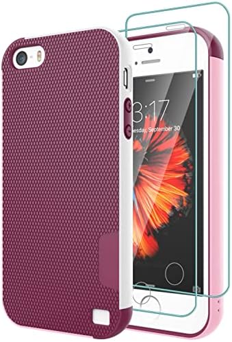 iPhone SE Case (1st gen - 2016), iPhone 5S Case with 2 Pack Tempered Glass Screen Protector, Contrasting Colors Ultra Slim One-Piece Anti-Slip Rugged Soft TPU Bumper Shockproof Case Cover - Wine