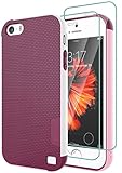 Case for iPhone SE (1st gen - 2016), Case for iPhone 5S with 2 Pack Tempered Glass Screen Protector, Contrasting Colors Ultra Slim One-Piece Anti-Slip Rugged Soft TPU Bumper Shockproof Case - Wine