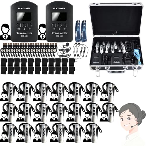 Sistema Inalámbrico de Guía Turística EXMAX EXD-6824 con Transmisión de Audio, 2 Transmisores y 20 Receptores en Estuche Negro