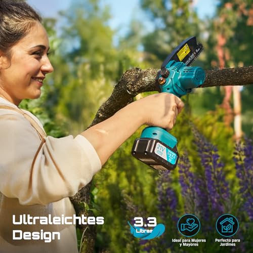 Miniatura 5 de SEESII 6'' Mini Motosierra Bateria 8000mAh, Motosierra Eléctrica Bateria con Depósito Para El Aceite y Cadena Reemplazable, Motosierra Inalámbrica Portátil para Podar Árboles de Jardinería
