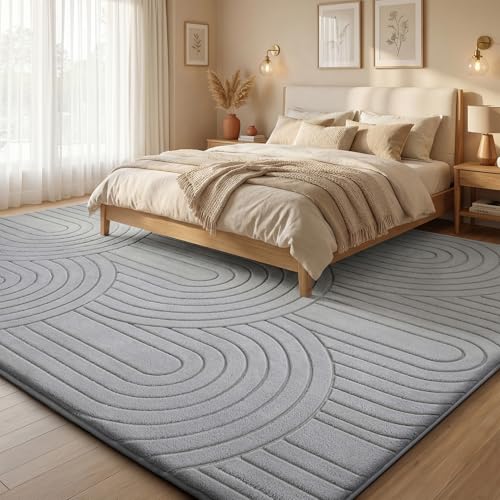 Treeboy Kurzflor Teppich Wohnzimmer, Teppich Groß 160 x 230 cm, 3D Halbkreismuster Carpet Hellgrau Waschbarer Teppiche Schlafzimmer Flauschige Rugs, Teppiche Gegend Mit Rutschmatte