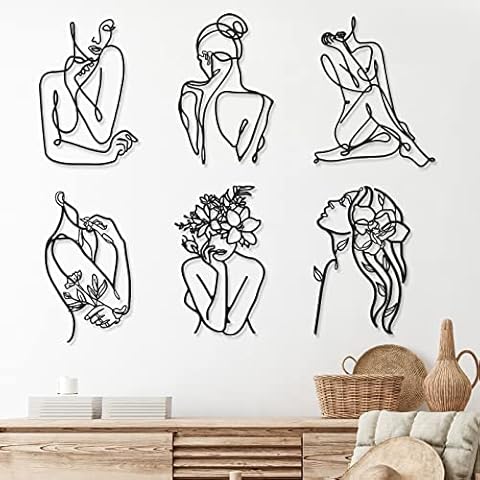 Marsui 6 Pieces Metal Minimalist Abstract Woman Wall Art Line Drawing Wall Art Decor Single Line Female Home Hanging Wall Art Decor for Kitchen Bathroom Living Room Cover