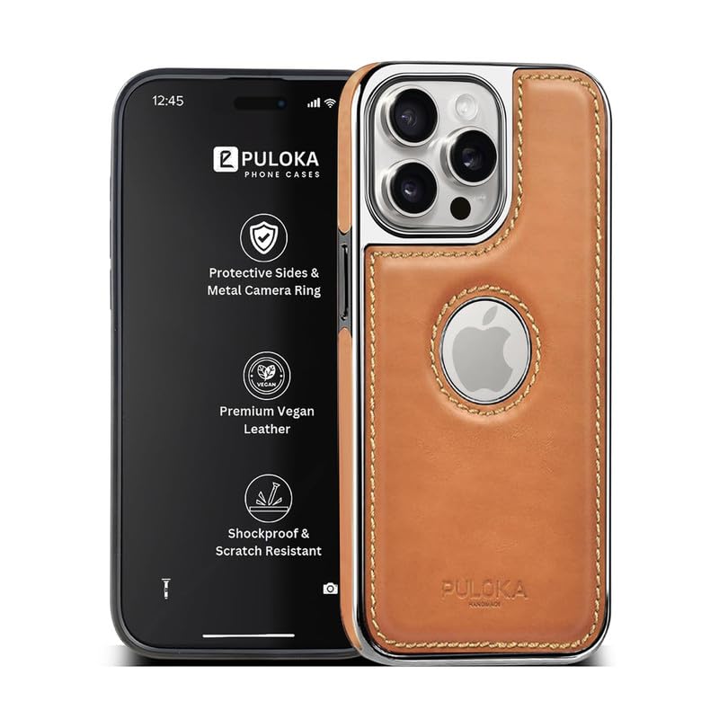 PULOKA Chrome Leather Back Case - Compatible with iPhone 15 Pro Max - Luxury Bumper Case - Flexible Vegan Leather - Electroplated Sides & Logocut - Full Camera Protetection & Raised Edges - Beige