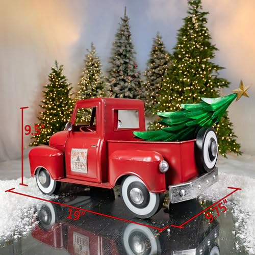 Image of Zaer Ltd. Metal 18.5 inch Long Multi-Seasonal Christmas and Harvest Pickup Truck with Metal Tree, Pumpkins, and Matching Side-Magnet Sets (Antique Red)