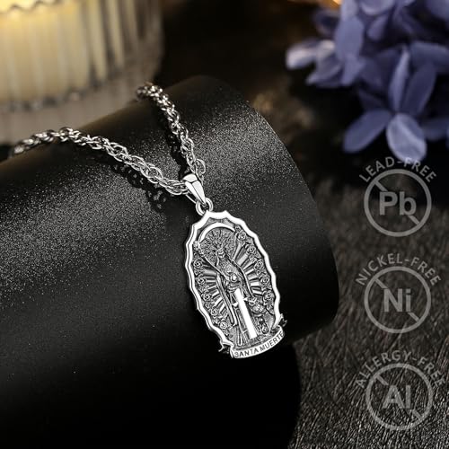 Vito Sterling Silver 925 La Santa Muerte Necklace for Men Women, Skull Necklaces Grim Reaper Pendant Holy Death Original Jewelry Gift, 24“2