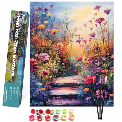 Bougimal Pintura por Números Adultos Paisaje con Pinceles y Pinturas Acrílicas - 40 x 50 cm, Sin marco, Flores 1
