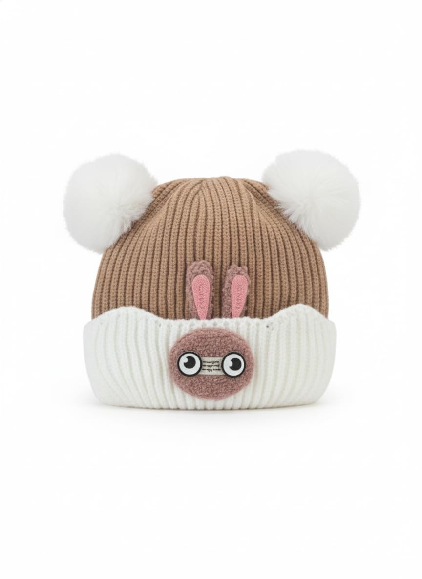 Winter Baby Woolen Hat | Knitted Hat for Boys and Girl | Cute Baby Pom-Pom Beanie | Double Layer Baby Hat for 6 Months-24 Months Old Children-1pcs Brown-image-12