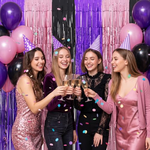 Image of TONIFUL 2Pcs Purple Pink Black Metallic Tinsel Foil Fringe Curtain Streamer | 3.3ftx6.6ft Photo Booth Backdrop Door Streamer for Halloween Mystery Themed Birthday Baby Shower Bachelorette Party Decor