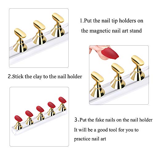 4 Sets Acrylic Nail Display Stand Diy Nail Crystal Holder Magnetic Practice Stands For False Nail Tip Manicure Tool (2 Gold) #TOP3