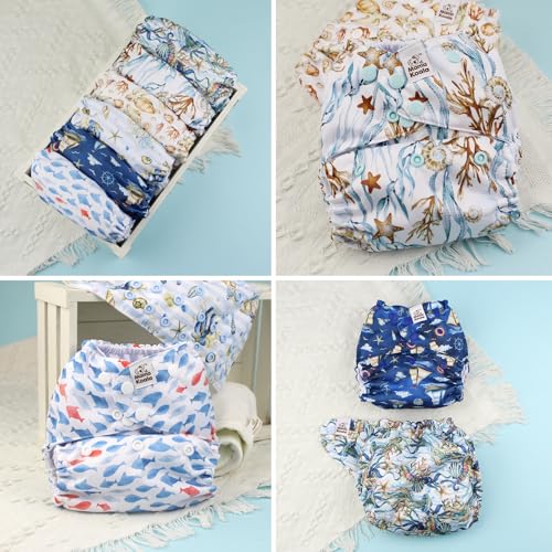 Image of Mama Koala 6 Pack Reusable Cloth Diapers 3.0 for Babies Newborn, One-Size Adjustable Baby Diaper, Durable Stitching, Back Opening for Inserts, Breathable Awj Lining, Leak Prevention-Underwater Explo..