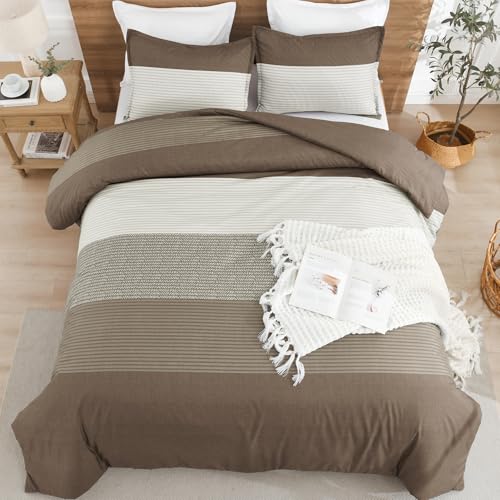Litanika Comforter Set Full Size Coffee - 3 Pieces Lightweight Colorblock Stripe Fluffy Bedding Comforter Sets, All Season Bed Set