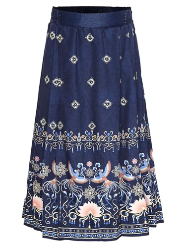 Eandarui Kids Girls Chinese Hanfu Mamianqun Skirt Flower Phoenix Print Pleated Maxi Skirt Horse Face Skirt Navy Blue 9-10 Years