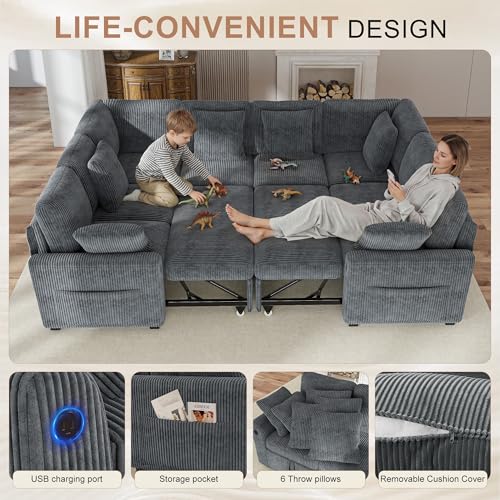 Image of Hanherry Sectional Sofa with Pull Out Couch Bed,8 Seat Corduroy Sleeper Sofa with 2 Seat Storage & USB Charging,Comfy Modular Couches for Living Room,Apartment