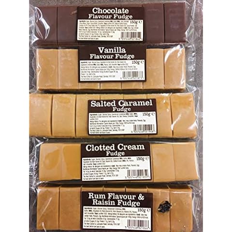 Fudge Bar Gift Set (5 Pack of 150g Each) - Vanilla - Chocolate - Salted Caramel - Clotted Cream - Rum and Raisin Cover