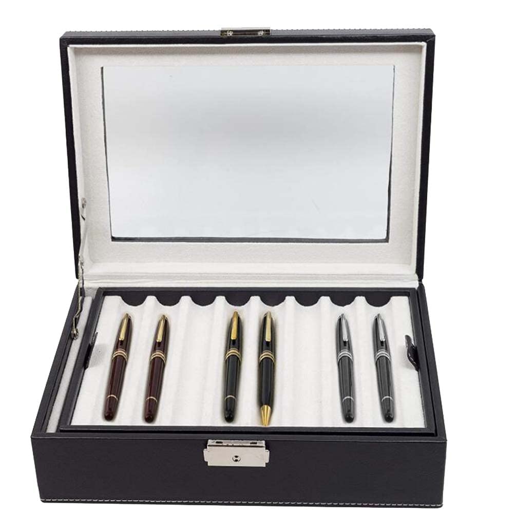 Malloy 16 Ranuras Caja de ExhibicióN de Pluma de Madera Caja de Almacenamiento de Fuente de Pluma Vitrina de Madera Ventana Transparente PapeleríA Estuche-ColeccióN