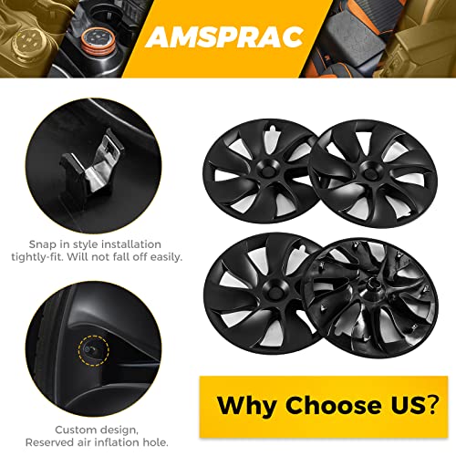 Amsprac For Tesla Model Y Hubcaps 19 Inch 2022 2023,Model Y Hub Cover,19" Wheel Hub Caps Protector Covers,Front Rear Wheel Cover Replacement,Matte Black 4Pcs #TOP5