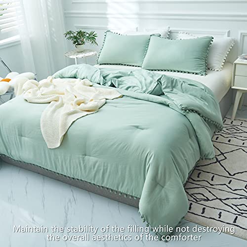 Aikasy Sea Green Fringe Queen Comforter Set - 3 Pieces, Extra Soft Washed Microfiber Bohemian Boho Chic Bed Comforter With Shams, All-Season Reversible (1 Comforter+2 Pom Pom Pillow Shams,Queen) #TOP2