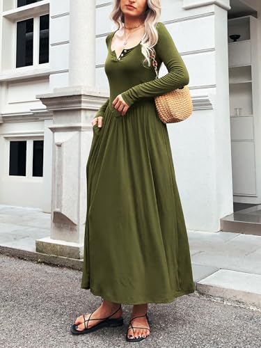 Image of Mieazom Long Sleeves Maxi Dress for Women A Line 2025 V Neck Casual Button Boho Tshirt Long Dress with Pockets Army Green M