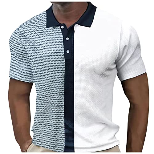 Polo à carreaux pour homme uni à manches courtes et revers - T-shirt léger Henley pour homme 2026, bleu clair, M