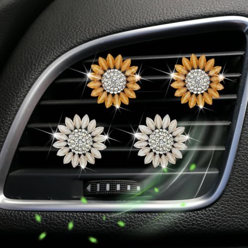 Image of Sunflower Air Vent Clips Car Accessories Bling Sunflower Air Freshener Outlet Clips for Women Car Interior Decorations Cute Flowers Cars Clips Air Fresheners Interior Accessories (4, Yellow and Beige)