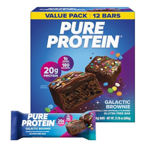 Pure Protein Galactic Brownie Protein Bars – 20g Protein, 3g Sugar, 190 Calories (12 count) Low Sugar* High Protein Snack - Gluten Free - Perfect for a Healthy Snack