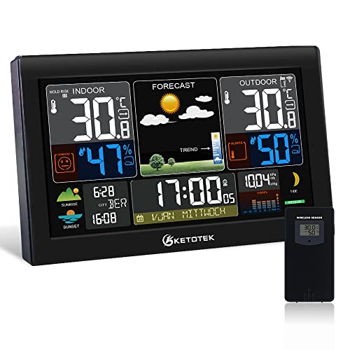 KETOTEK Funk wetterstation mit Außensensor DCF Funkwecker Snooze Digitales Raumthermometer Hygrometer Barometer Wettervorhersage Temperaturwarnung Stadt und Sprache des Monats Woche wählbar