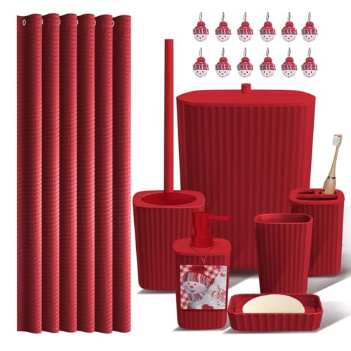 Clara Clark Bathroom Accessories Set - Christmas Shower Curtain Set Xmas Bathroom Set Christmas Bathroom Decor Bathroom Accessory Set Toilet Brush Trash Can & Soap Dispenser - 19PC Set