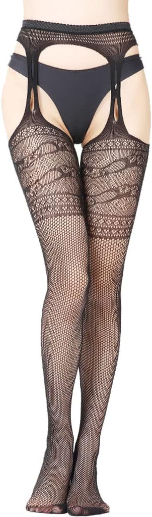 2 Pairs Black Suspender Stockings, Sexy Lingerie One-Piece Suspenders, Lace Stockings for Women