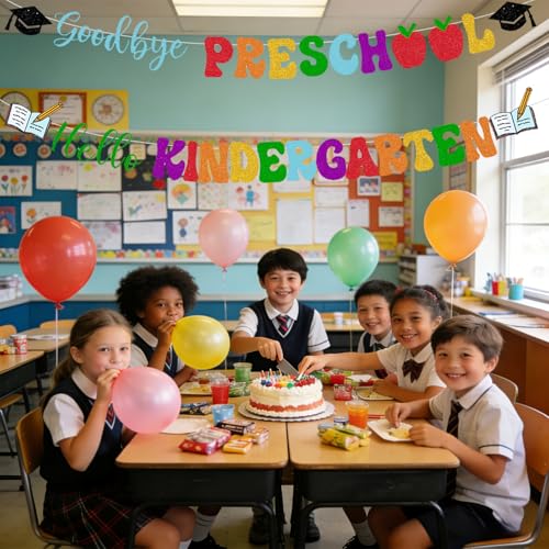 Image of Preschool Graduation Decorations Banner - Pre-Strung Glitter Goodbye Preschool Hello Kindergarten Garland for Pre K Grad Children Graduate Party Decor