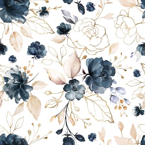 BKSTICK Navy Blue Floral Peel and Stick Wallpaper Self Adhesive Removable Thick Vinyl Watercolor...