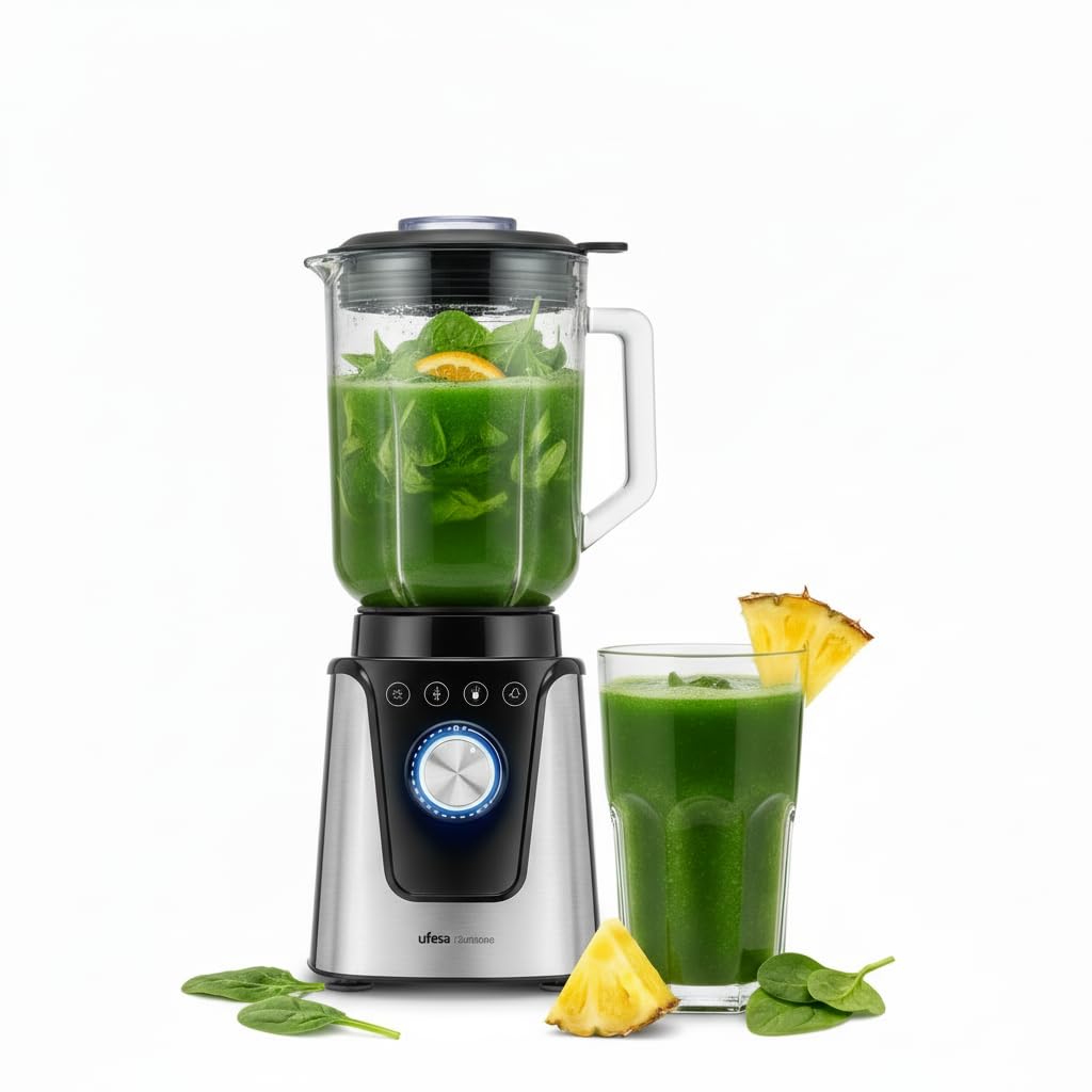 Ufesa Sunstone Blender de Table 1500W, Carafe en Verre 1,8L, 6 Lames en Titane, 4 Programmes, Variateur de Vitesse avec LED, Broyeur à Glace, Base en Acier Inoxydable
