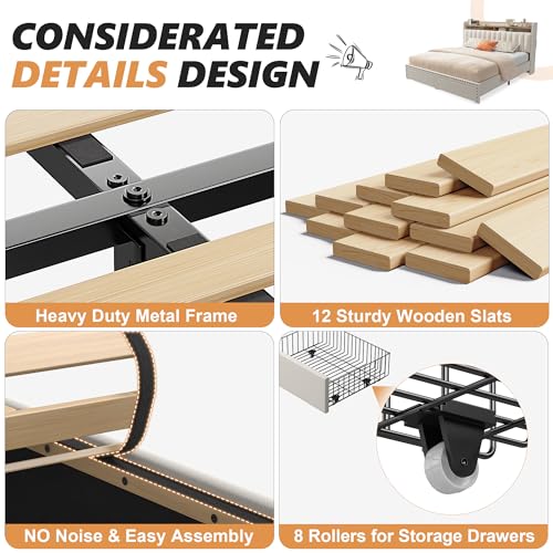 Enhomee QUEEN BED FRAME WITH DRAWERS Queen Bed Frame With Headboard And Storage thumb #5