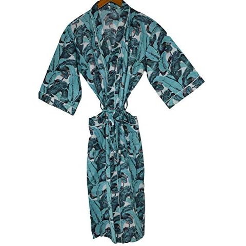 Rajbhoomi 100% Cotton Dressing Gowns for Women & Men,100% Indian Cotton,Lightweight Summer Kimono Bathrobes, Organically Grown, Ethically Made. Fits UK 10-18 (Teal Banana Leaf Print)… Cover