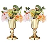 2 Pcs Gold Vase Centerpiece Table Decorations - Metal Tabletop Flower Stand, Wedding Decorations for Reception, 10.7in Trumpet Tall Flower Vase for Birthday, Weddings, Anniversary Ceremony, Home Decor