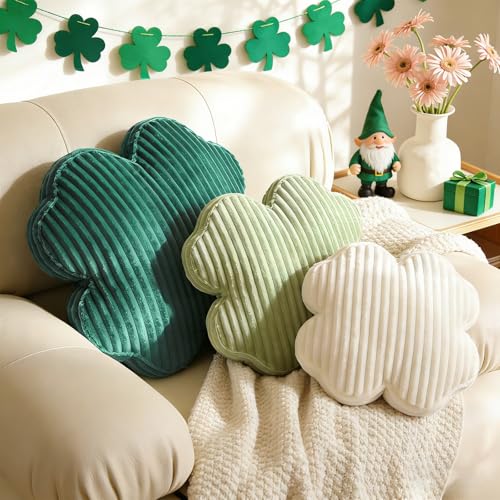 Bornerwhite 3 Pcs St Patricks Day Pillow 3D Four-Leaf Clover Throw Pillow Lucky Clover Throw Pillows Shamrock Shaped Plush Pillows for Irish Saint Patricks Day Sofa Living Room Bed Decorations