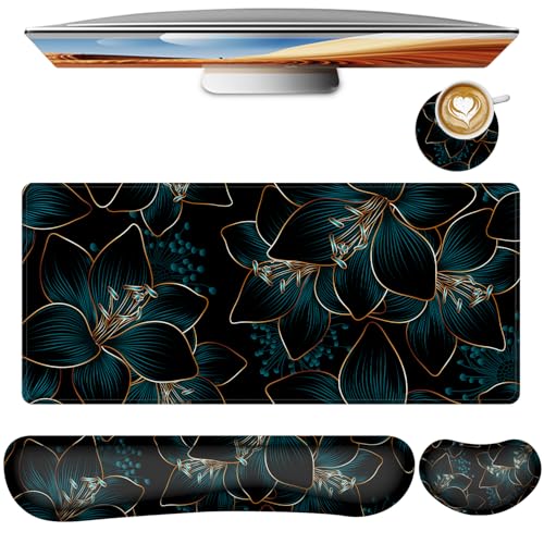 Keyboard Mouse Pad Set,Large Gaming Mouse Pad+Keyboard Wrist Rest+Wrist Rest+Coaster,Computer Desk pad Set Wrist Support for Office Desktop Laptop. (35.4" x 15.7") Extended Desk Mat (Floral)