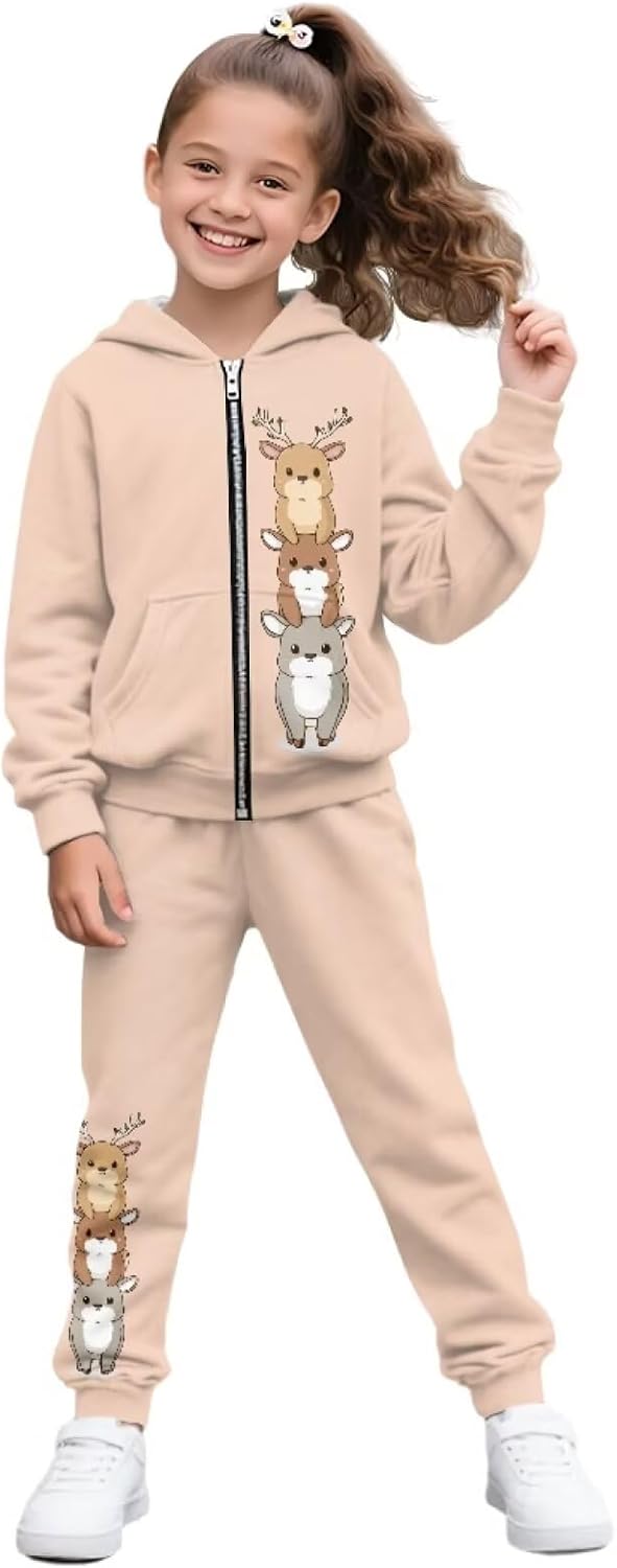 Deer Capybara Girls 2 Piece Outfits Sweatsuit Full Zip Hoodie Sweatshirt Jogger Sweatpants