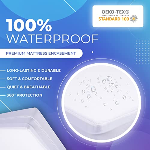 Image of PlushDeluxe Premium 100% Waterproof Mattress Encasement, Breathable Soft Cotton Terry Surface (12 inch-15 inch Deep, Queen 60X80)