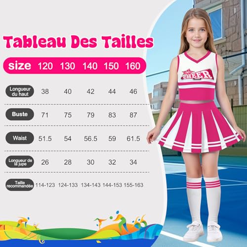 Luckyou Cheerleader Kinder Kostüm Mädchen Cheerleader mit Pompom Socken Karneval Kostüm Kinder für Halloween Sportfest-Pink-150
