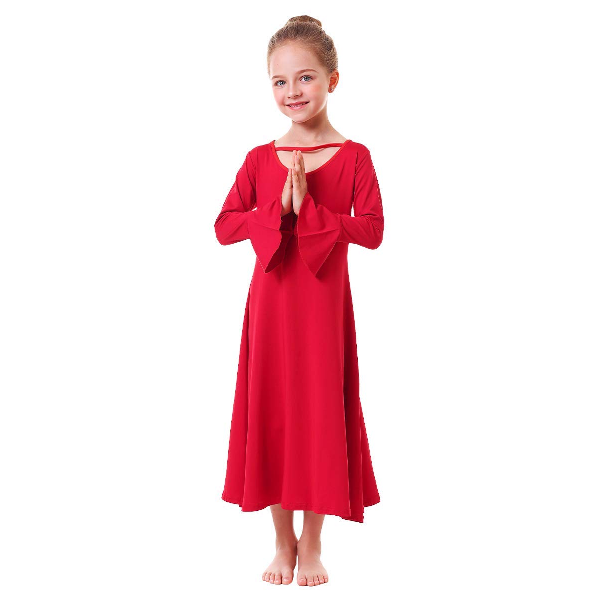 Little Big Girls Praise Loose Fit Full Length Long Sleeve Dance Dress Kids Liturgical Lyrical Church Christian Worship Dancewear Ballet Tunic Circle Costume Praisewear Red 3-4 Years